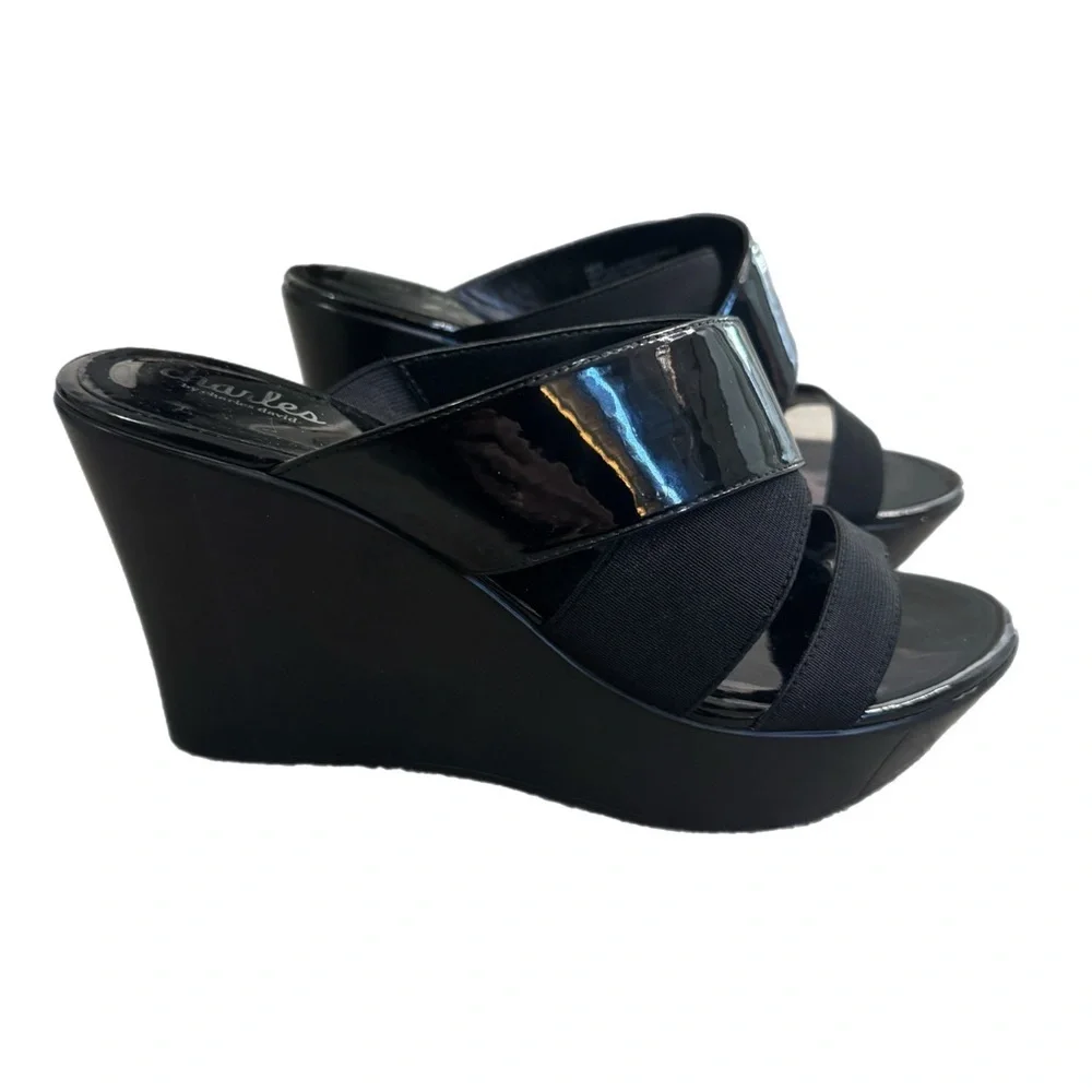 Charles David Black Platform Wedge Shoes with Elastic Straps